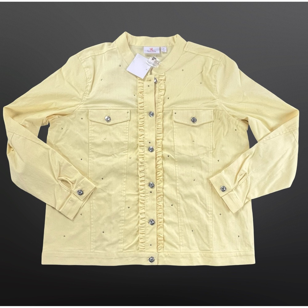 Quacker Factory Womens XL Jacket Yellow Rhinestone Ruffle Button Front NWT